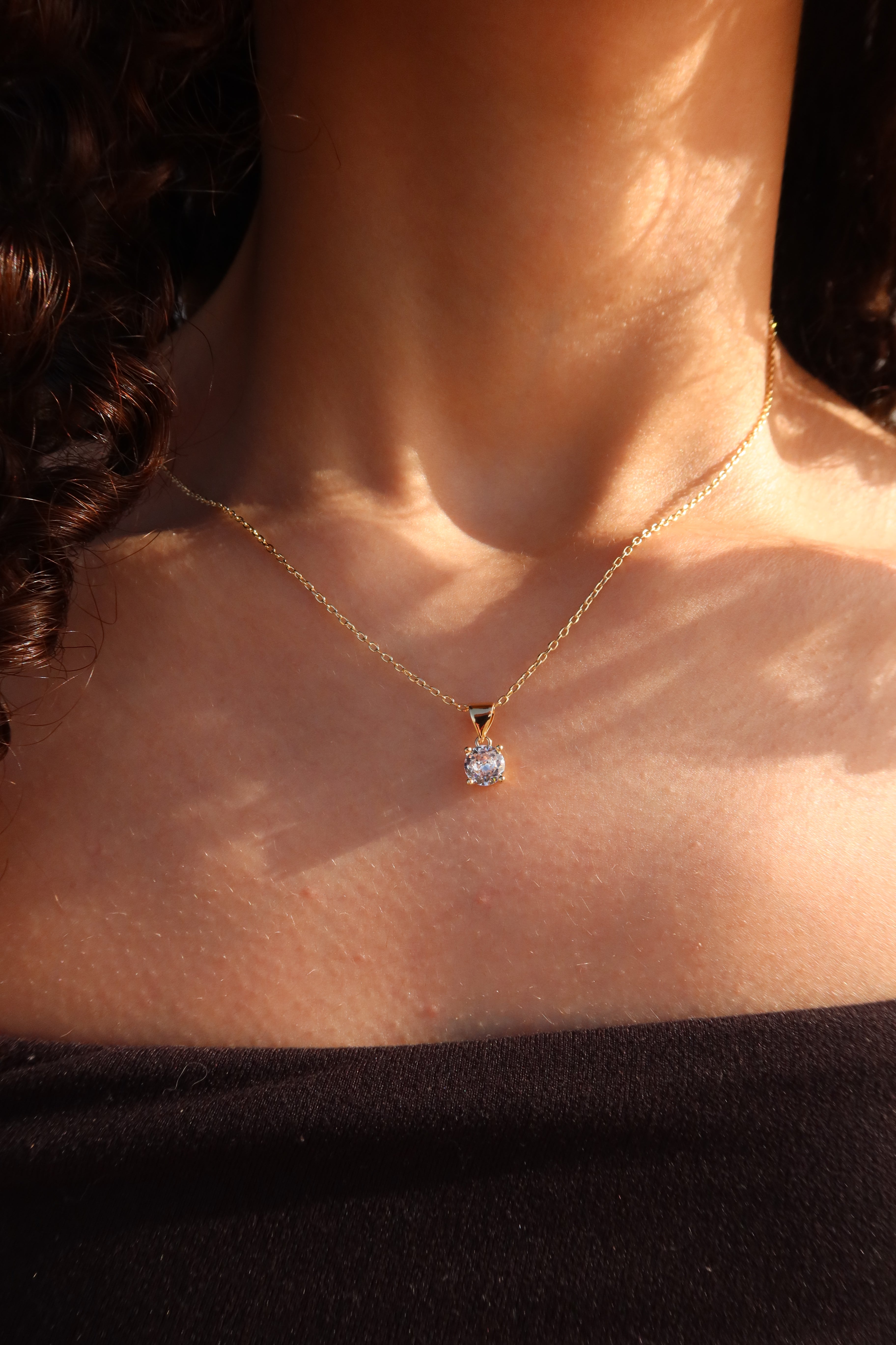AURORA SOLITARIE 14K GOLD PLATED NECKLACE.