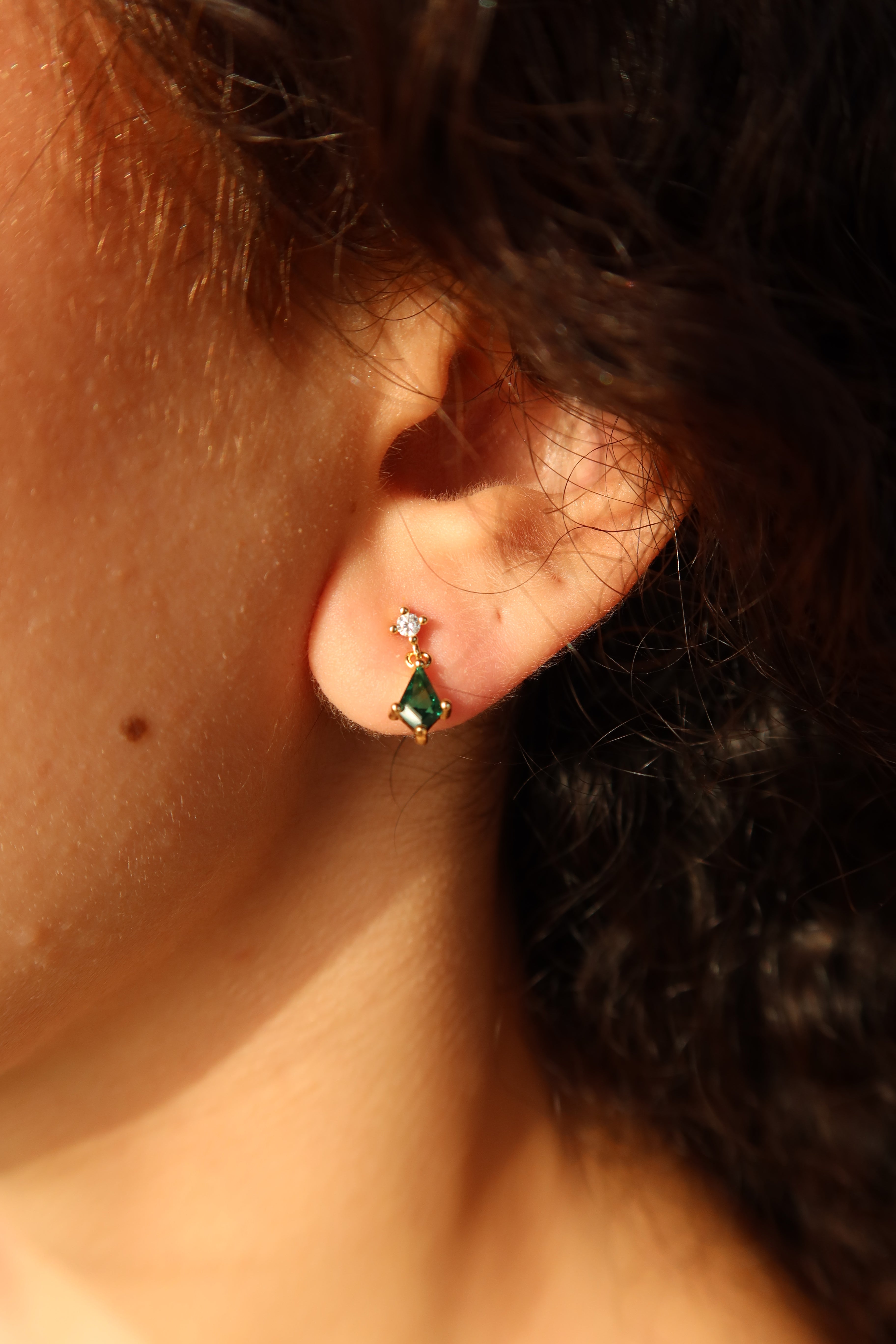 EMERALD SPARK DROP EARRINGS-14K GOLD PLATED.