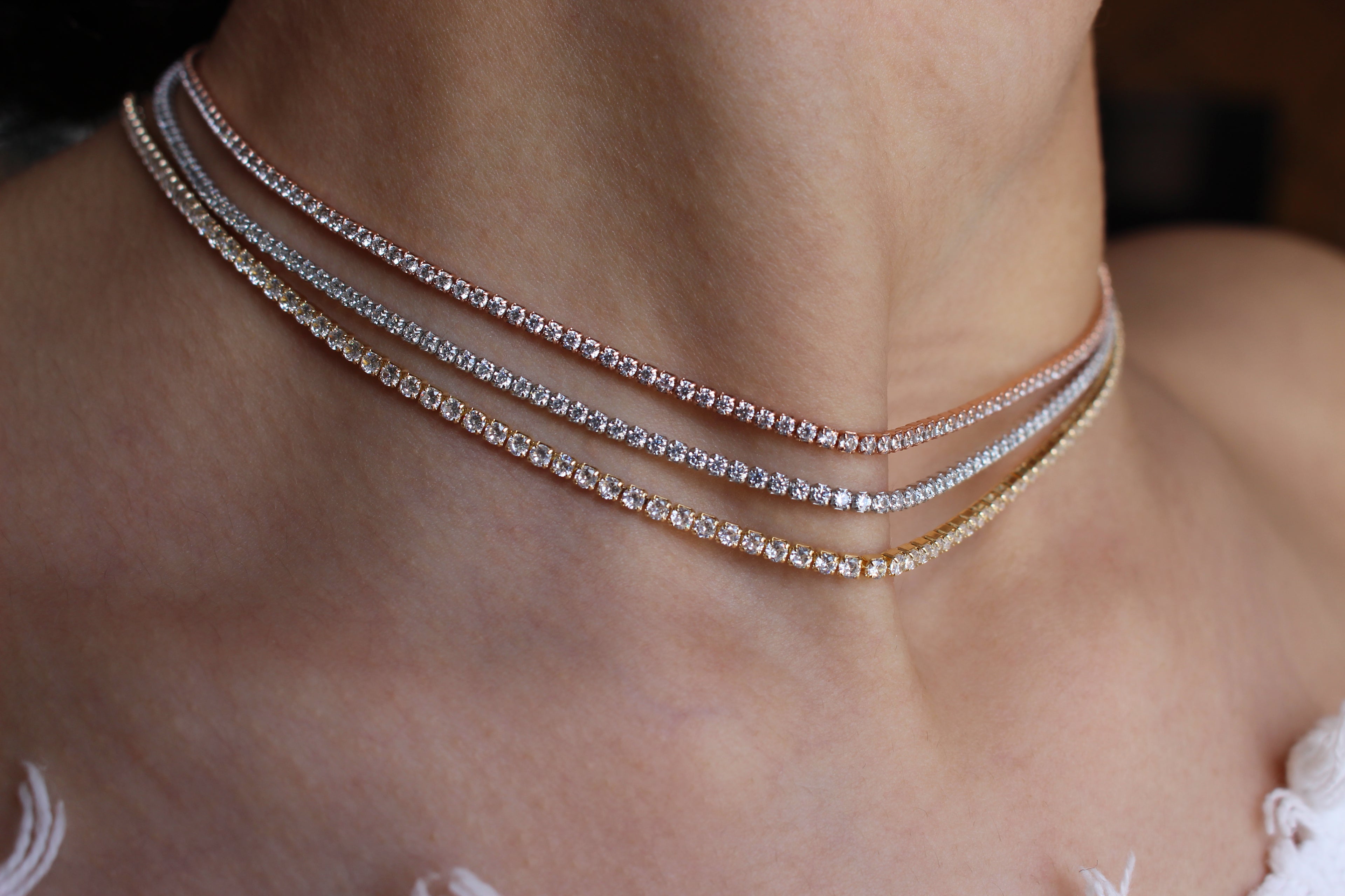 TENNIS NECKLACE - ROSEGOLD / 14K GOLD PLATED .